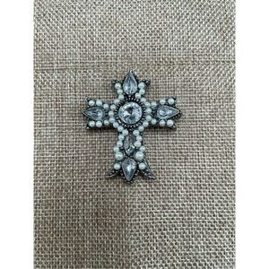 Vintage Rhinestone and Pearl Maltese Cross Brooch Pin Silver Black Antique